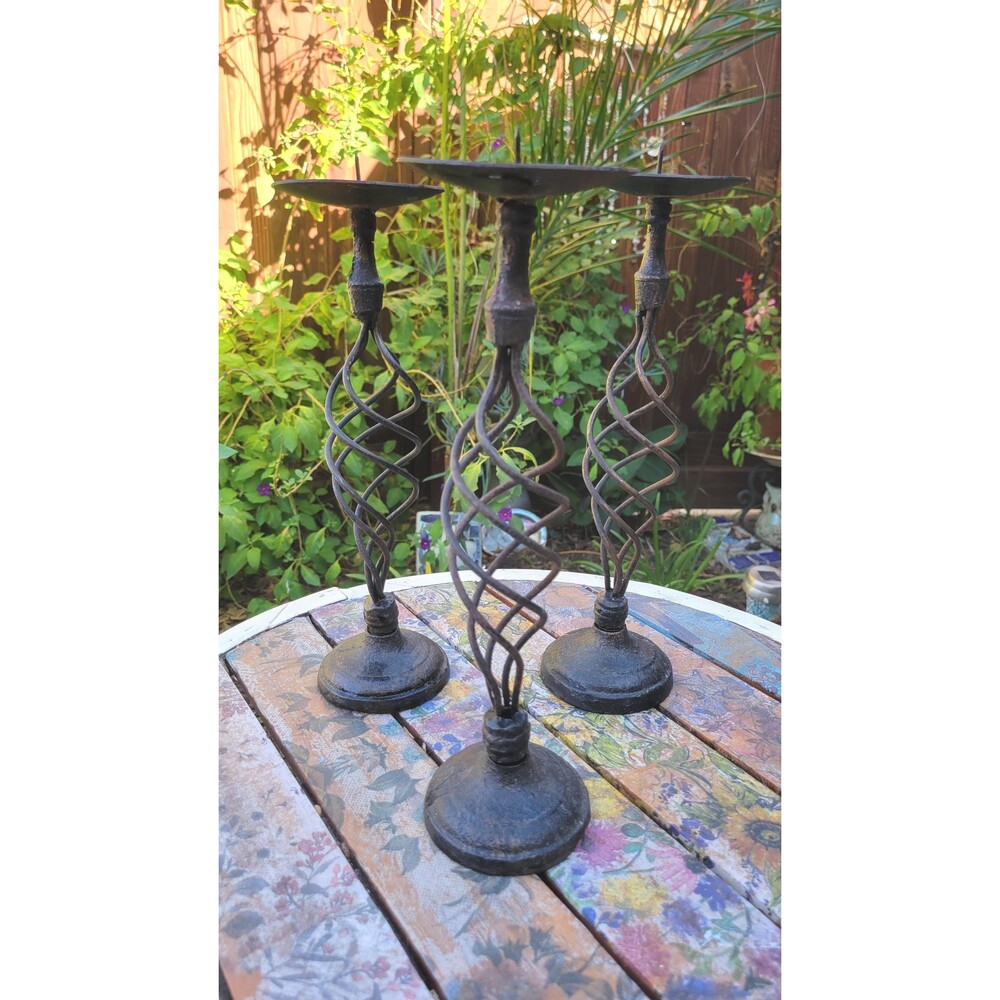 Vintage Black Wrought Iron Spiral Birdcage Pricket Candlestick Holders Set of 3